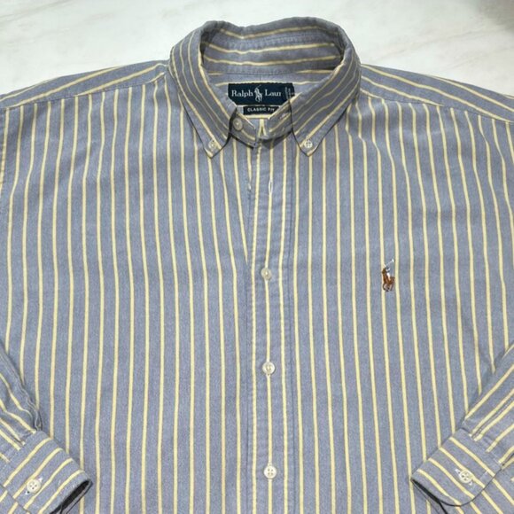 Ralph Lauren Classic Fit Striped Oxford Shirt, Blue with Yellow Stripe SZ Large - Picture 6 of 6